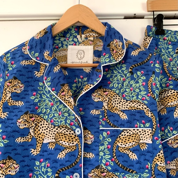PRINT FRESH Pajamas Bagheera Leopard Blue Pjs Set Short Sleeve Top & Pants XS - Picture 5 of 8